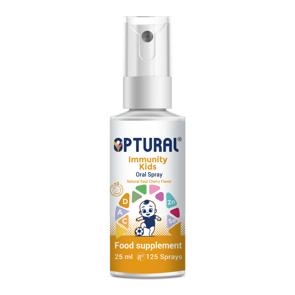 Optural Immunity KIDS Oral Spray bottle (25ml). A food supplement for children containing Zinc, Selenium, Vitamins A, C, and D, and botanicals with natural flavors.