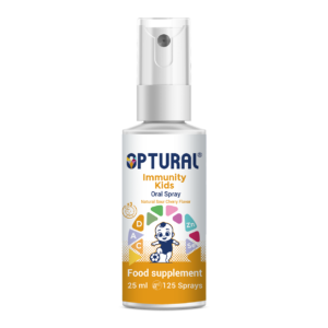 Optural Immunity KIDS Oral Spray bottle (25ml). A food supplement for children containing Zinc, Selenium, Vitamins A, C, and D, and botanicals with natural flavors.